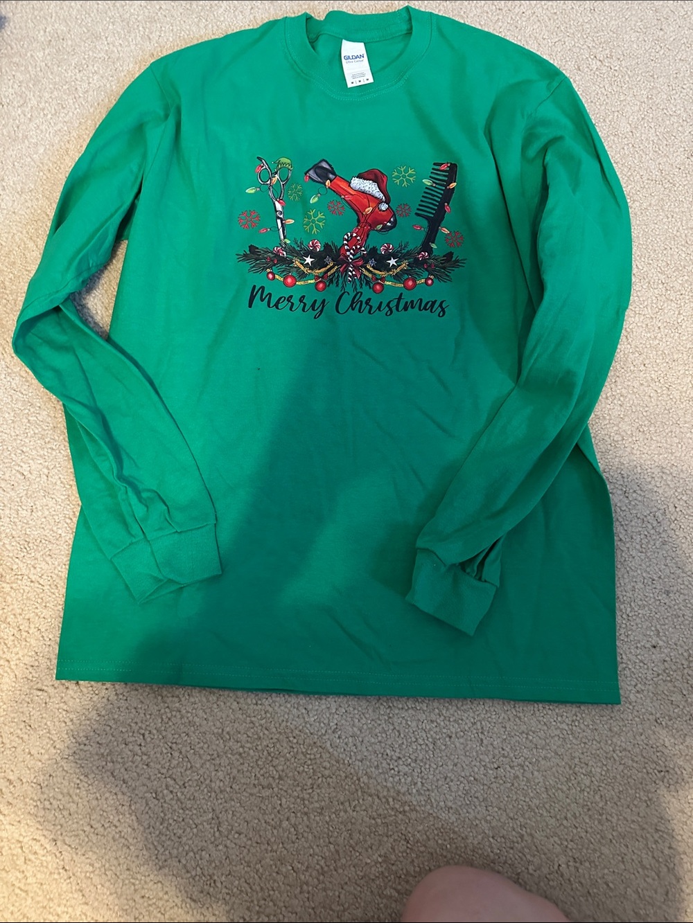 Gildan Green Long Sleeve 'Merry Christmas' Holiday Tee with Colorful Print